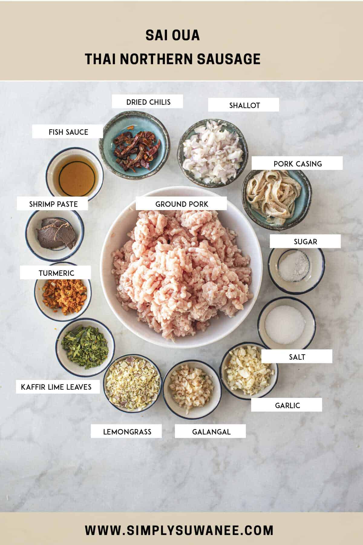 Labeled Sai Oua sausage ingredients on a counter. 