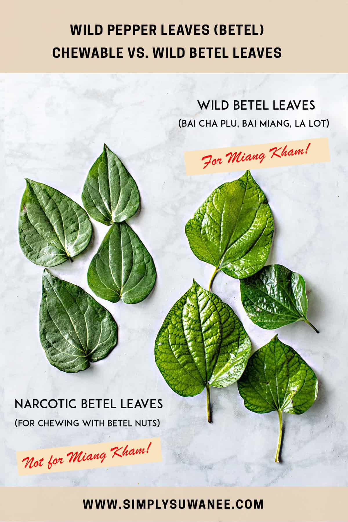 Wild betel leaves vs narcotic leaves comparison on a counter.