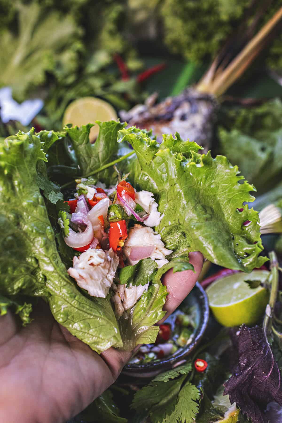lettuce wrap with salted fish. 