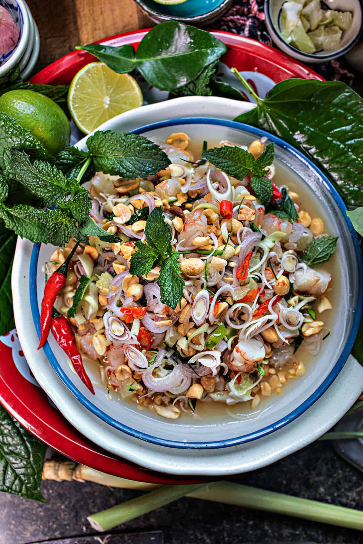 Thai lemongrass salad on a platter with herbs on the side.