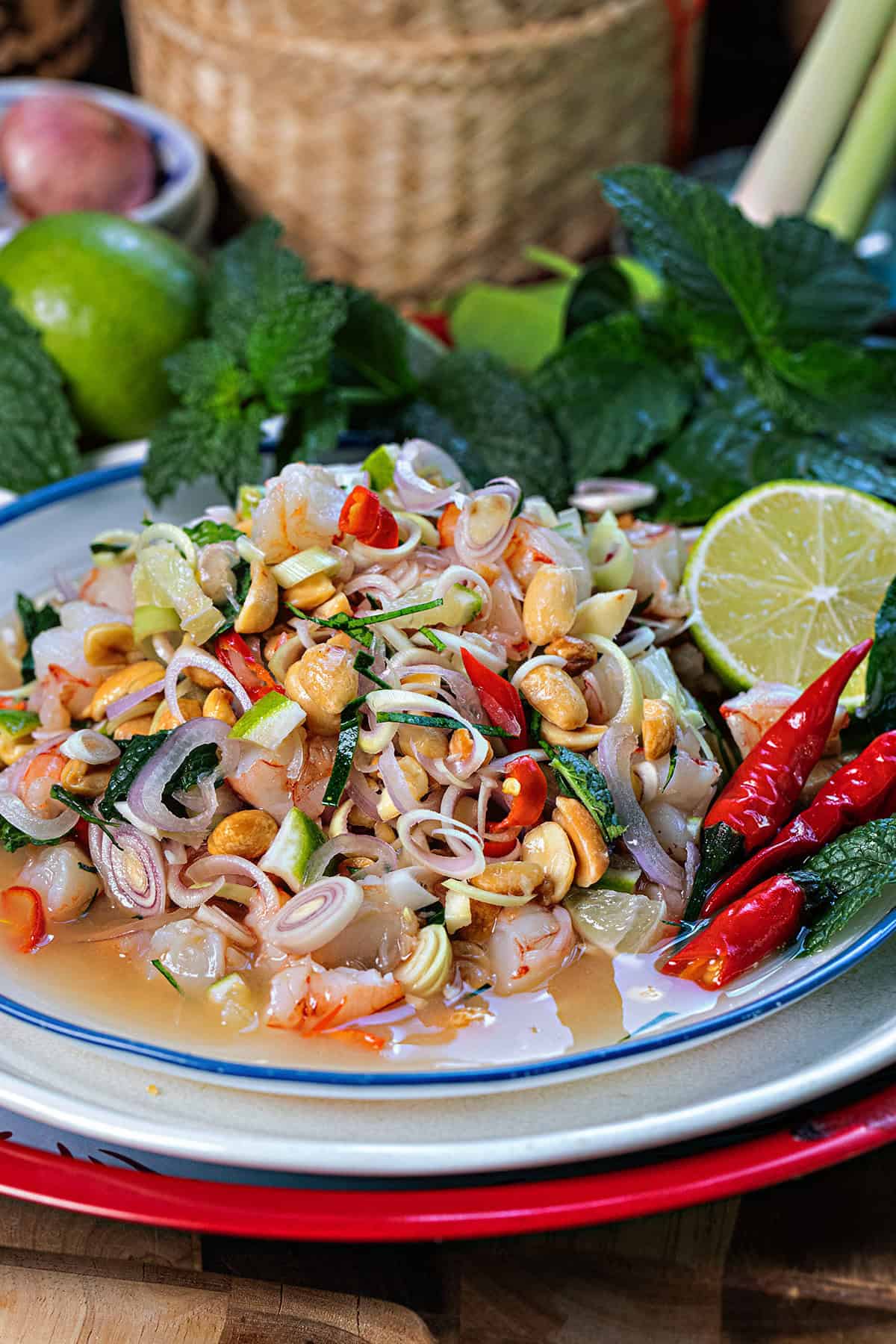 thai lemongrass salade with shrimp on a platter. 