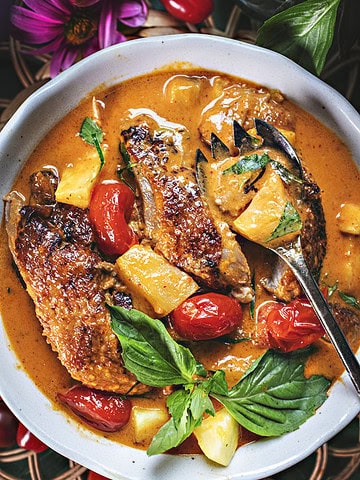Thai Duck pineapple curry in a bowl.