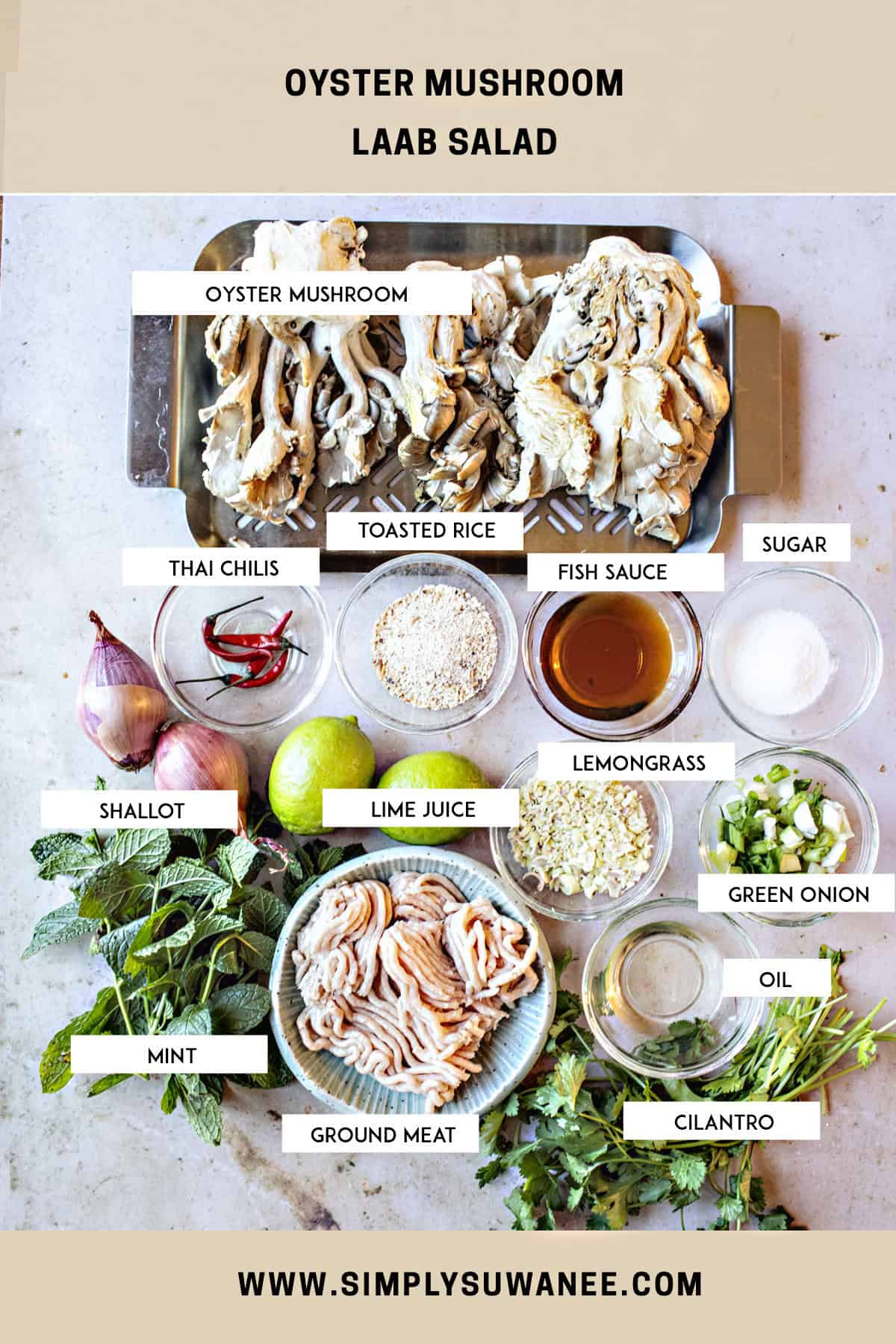 Ingredients for Thai mushroom larb salad on a table. 