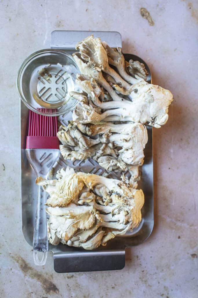 Oyster mushrooms on a tray with oil and brush. 
