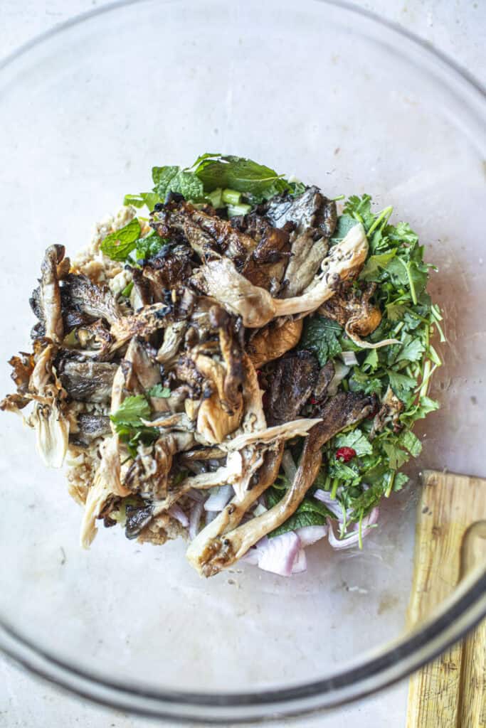 grilled mushroom salad in a bowl with herbs. 