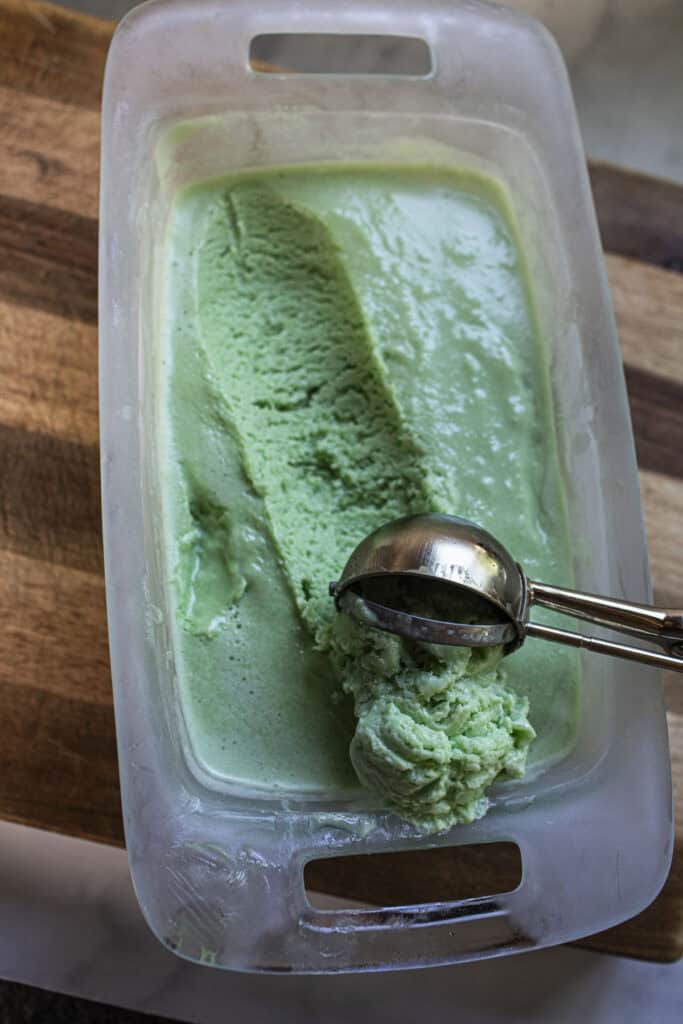 Pandan gelato in a glass bowl. 