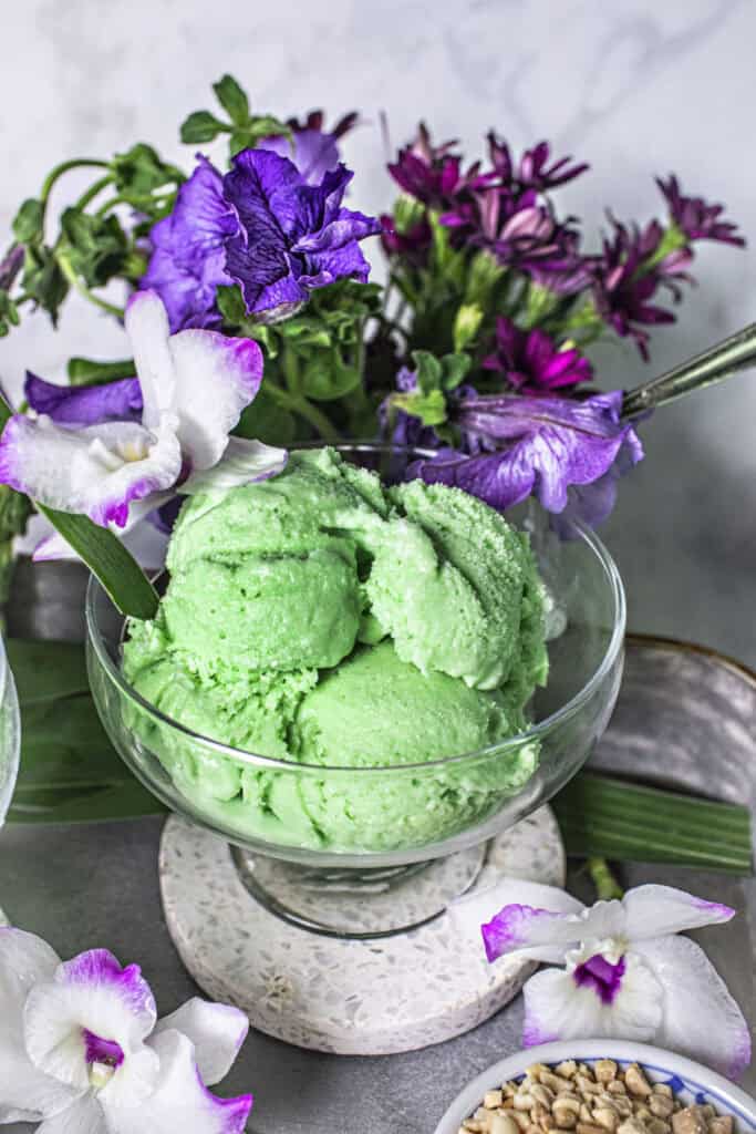 Plain Pandan coconut ice cream in a bowl.