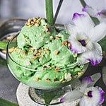 Pandan ice cream in a bowl.