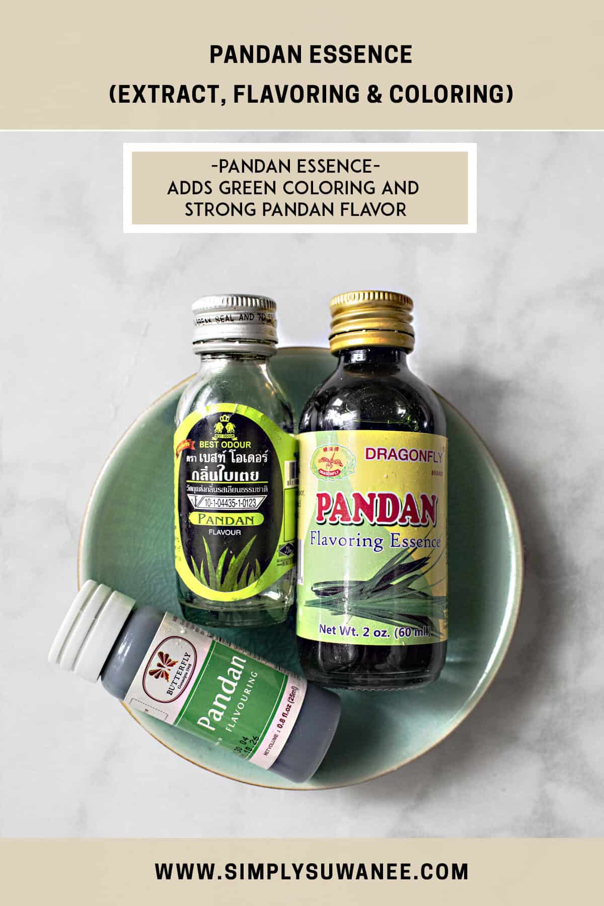 3 bottles of Pandan extract on a bowl on the table. 