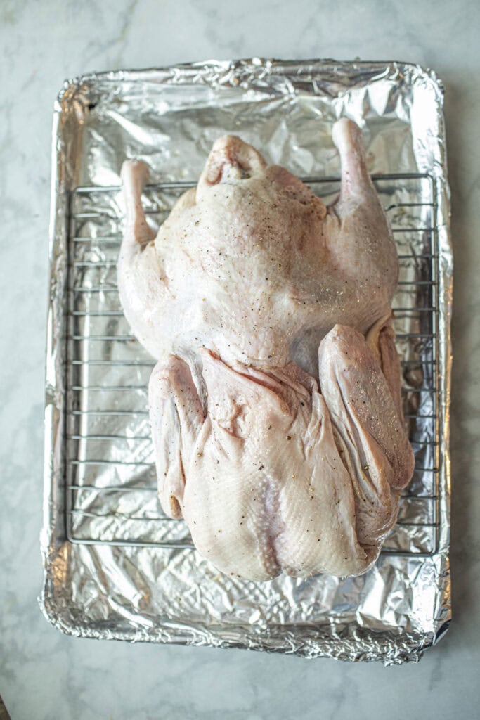 Whole duck on a roastin pan. 