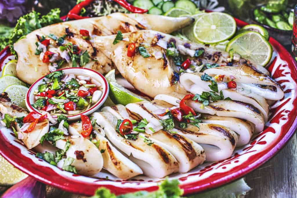 Sliced Thai Grilled squid on a tray.