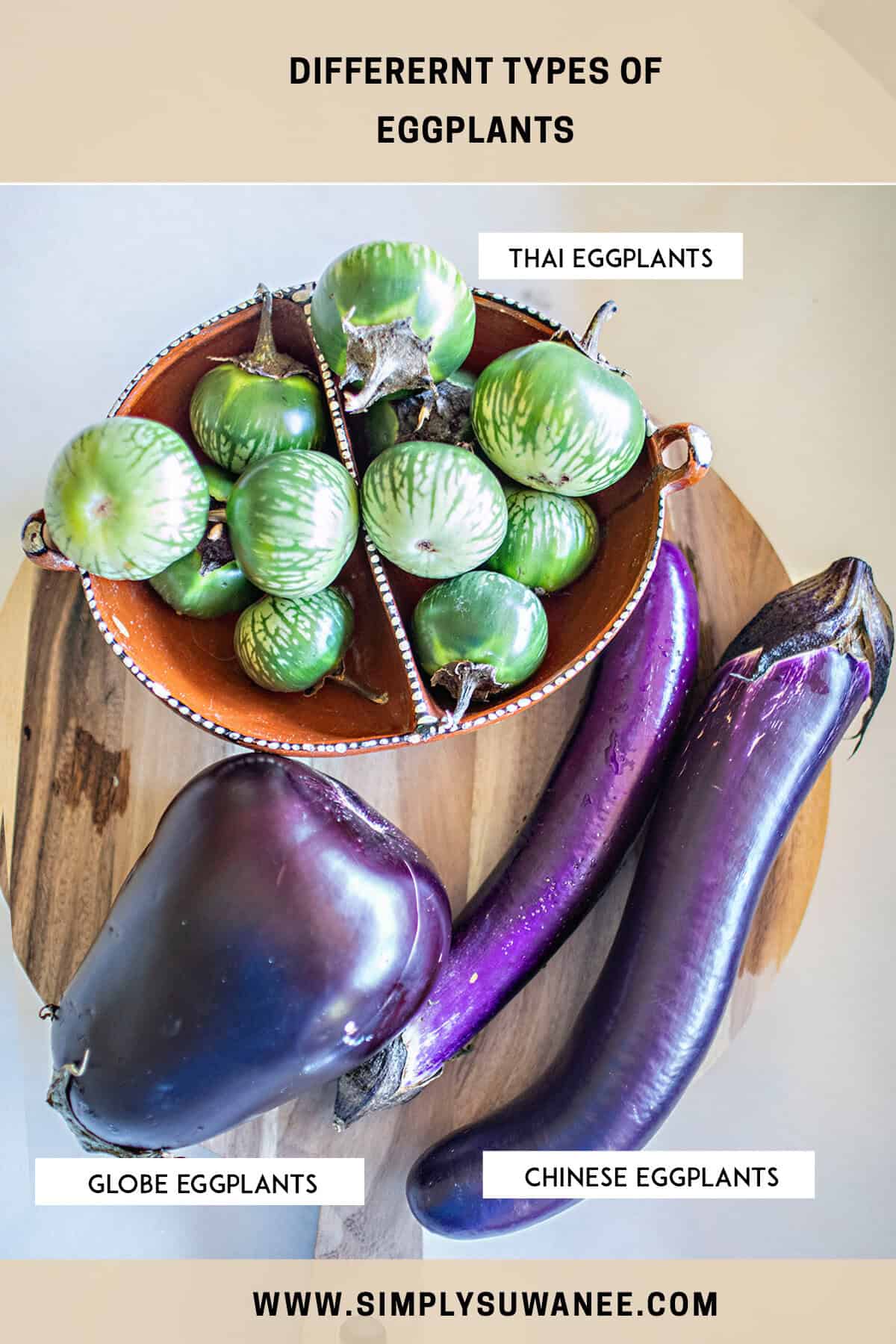 3 Different types of eggplants on a cutting board. 