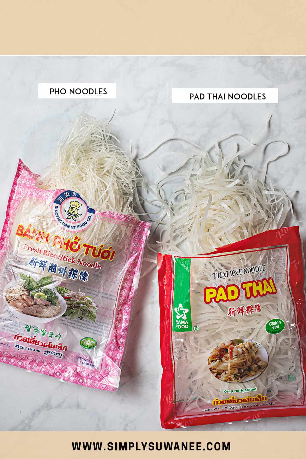 2 Types of rice noodles for pad Thai on the table. 