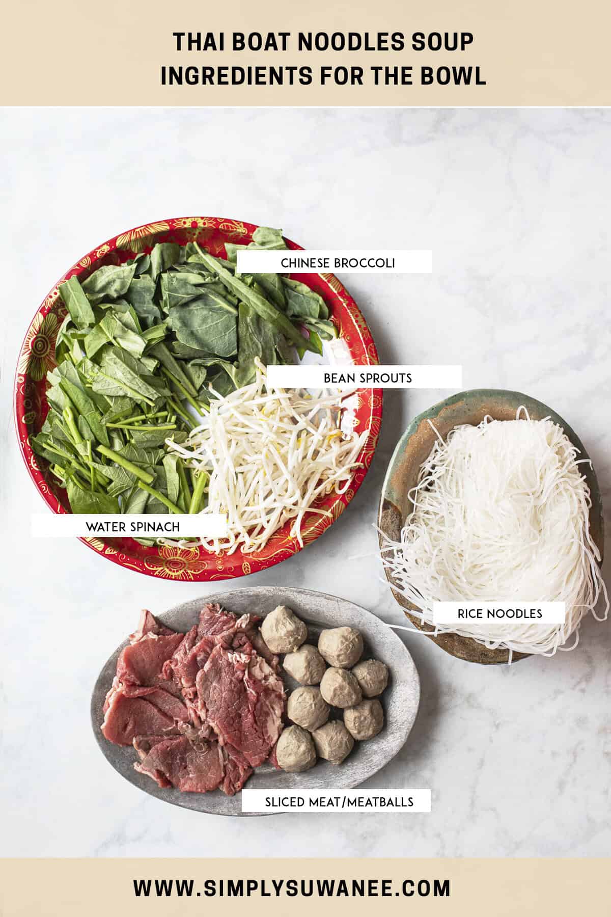 Labeled ingredients for boat noodles on a counter.