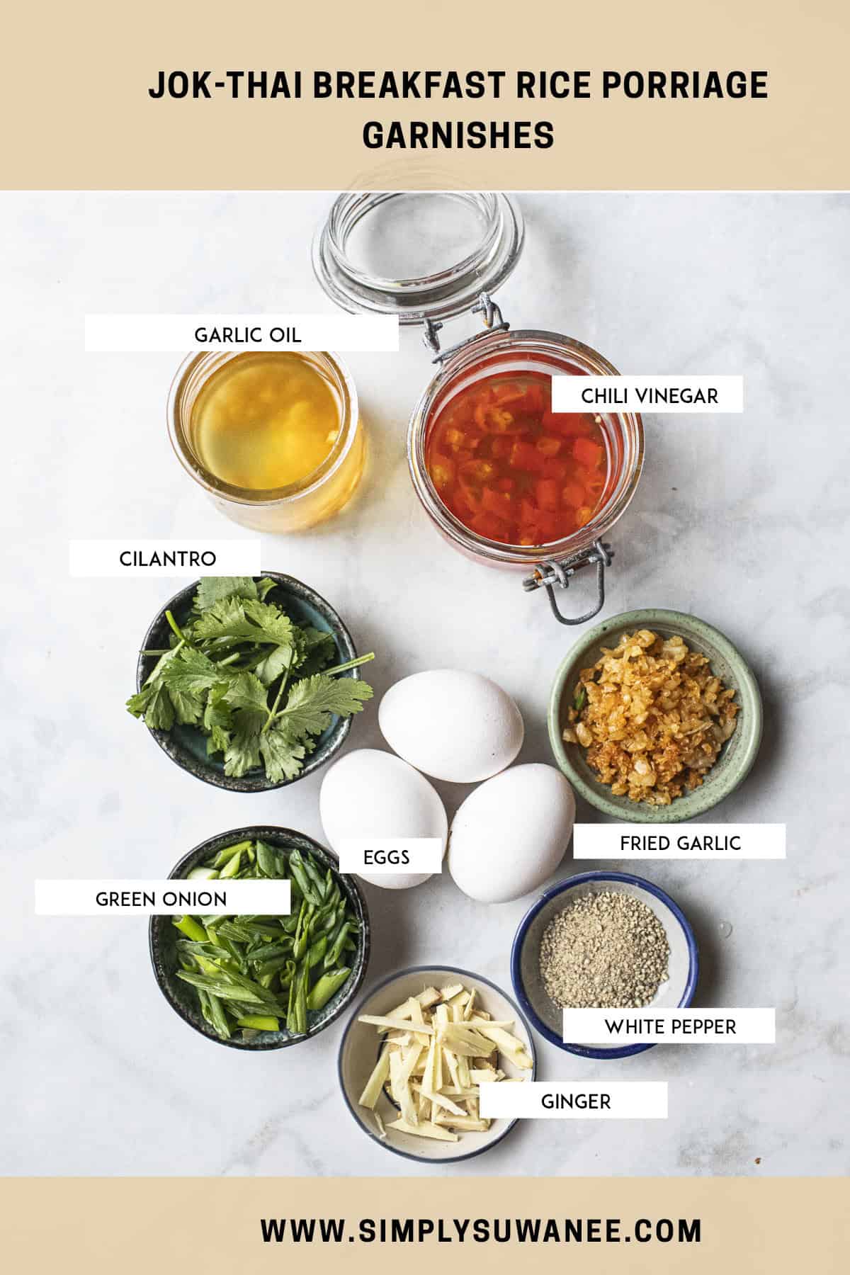 Garnishes for Thai jok porridge on a table. 