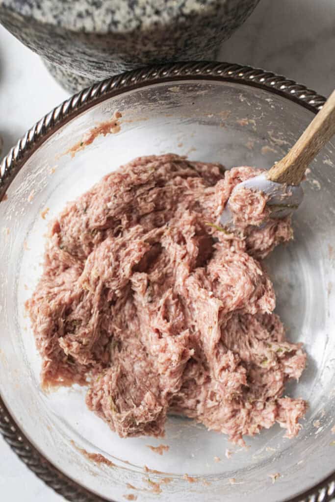 Pork mixture in a glass container.