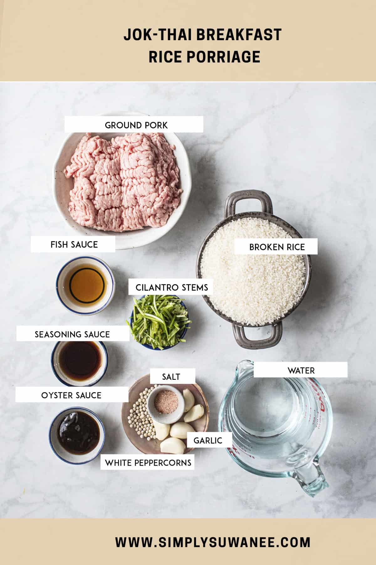 Ingredients for Thai jok porridge on a table. 