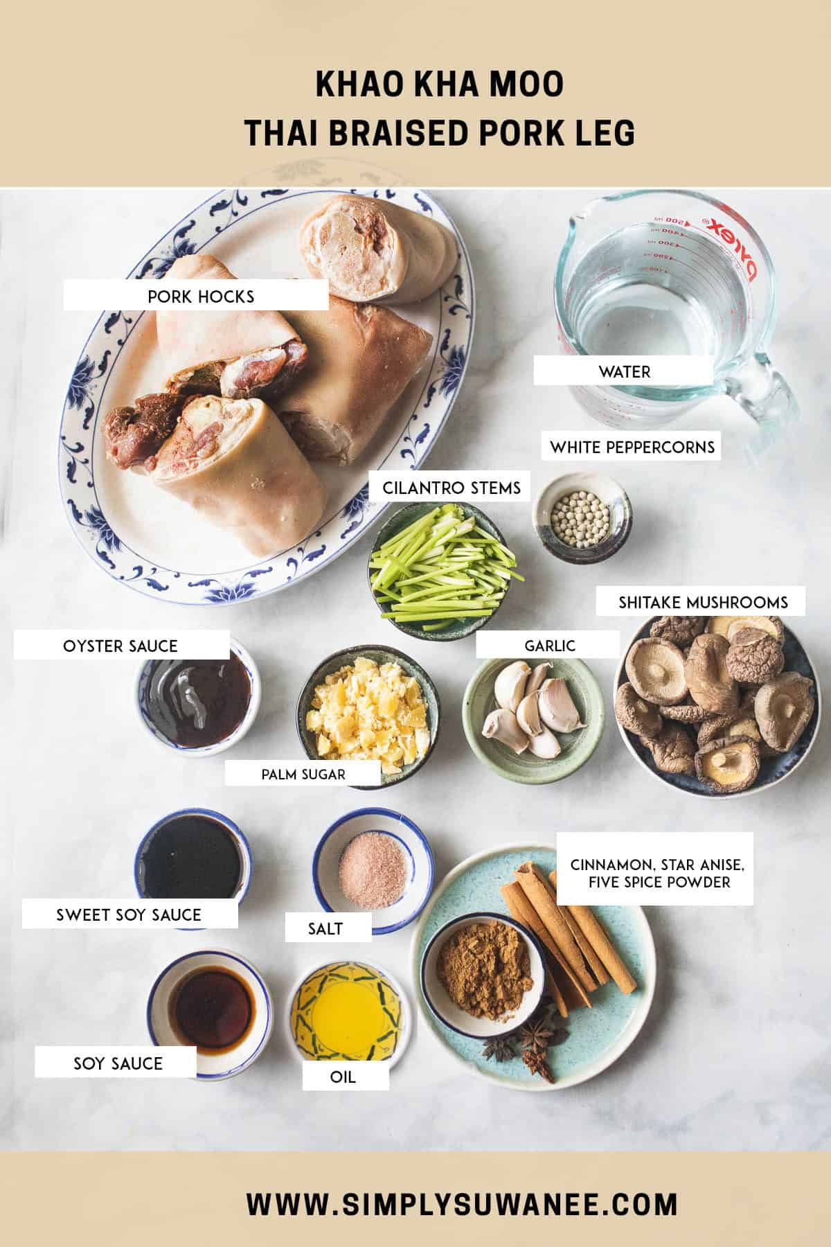 labeled ingredients for Khao ka Moo recipe. 