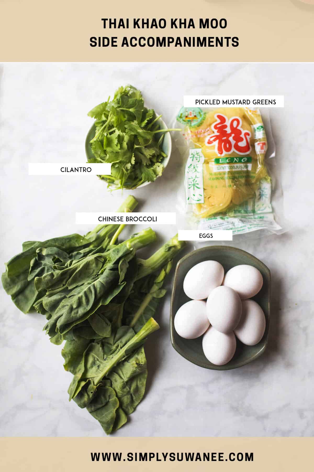 labeled ingredients for Khao ka Moo garnishes. 