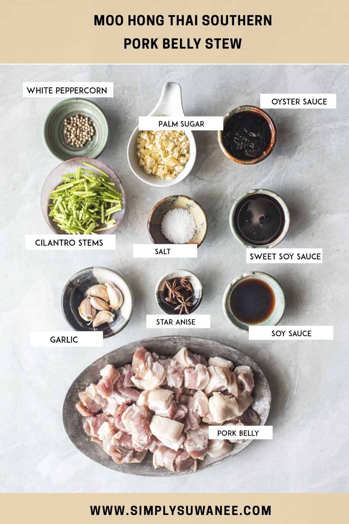labeled Moo Hong ingredients on a table.