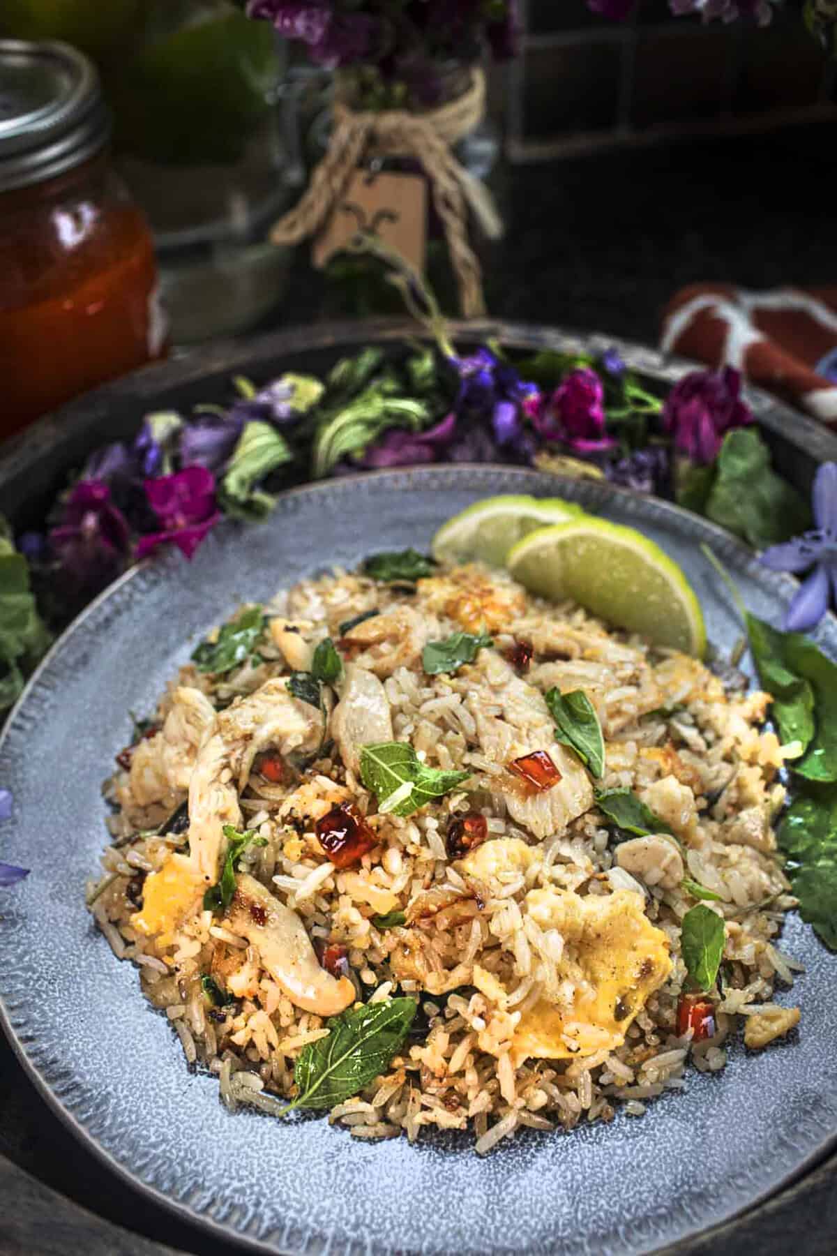spicy thai chicken basil fried rice on a plate.
