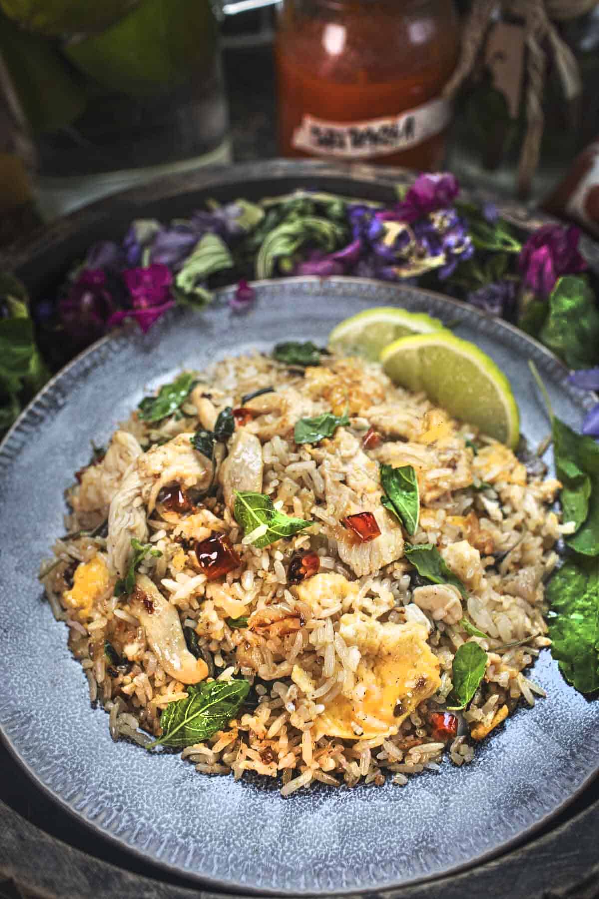 Thai basil fried rice on a plate.