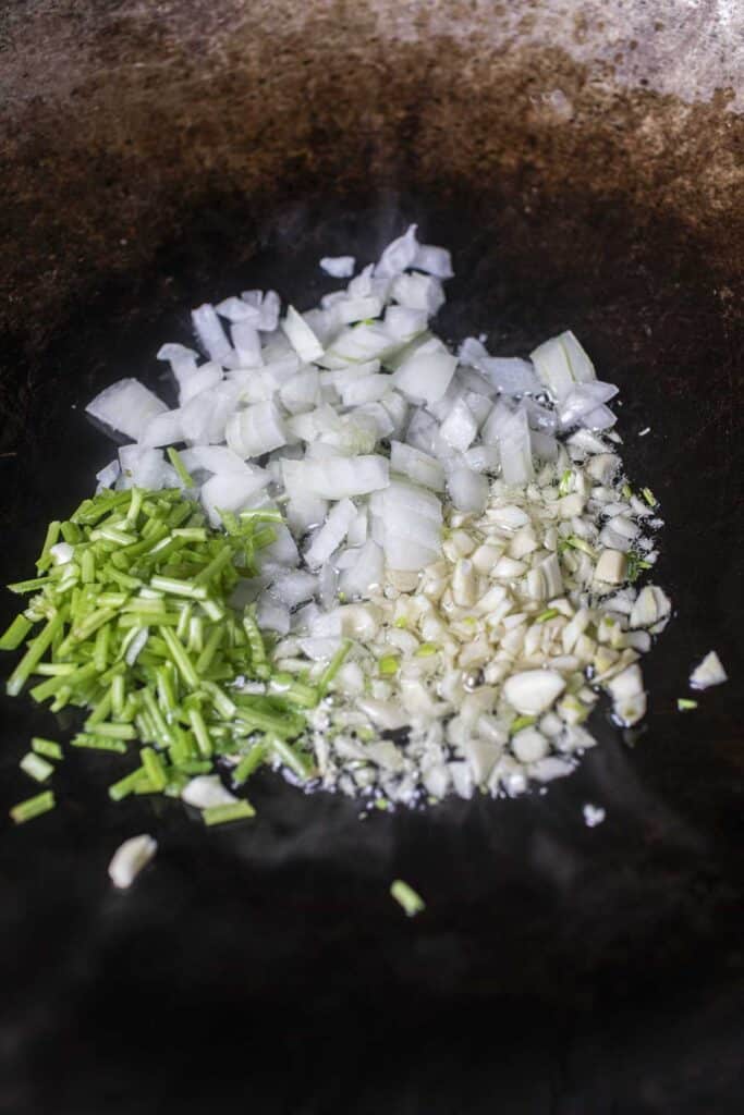 Fried aromatics in a wok. 