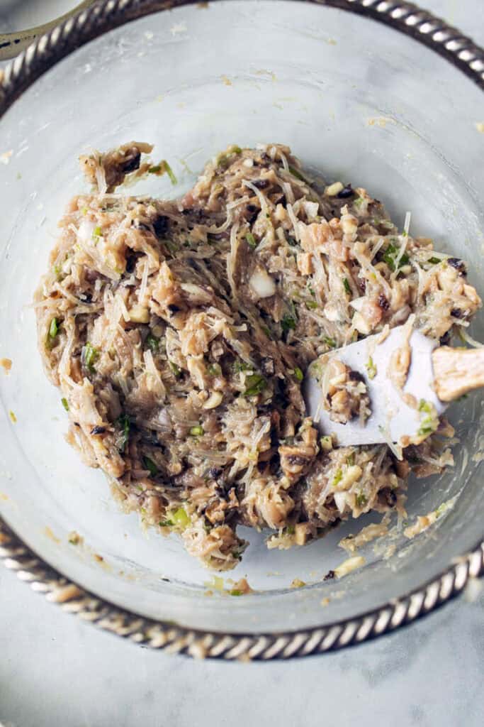 Thai stuffed chicken wings mixture in a bowl. 