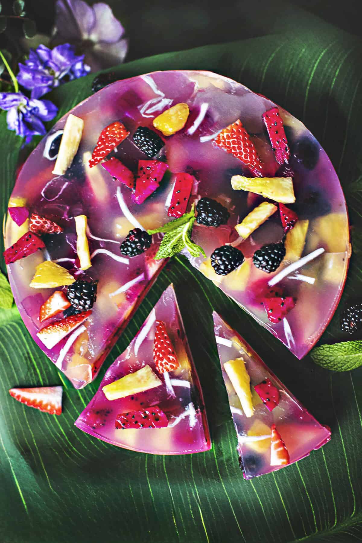 Round Agar Agar jelly cake on a banana leaf.