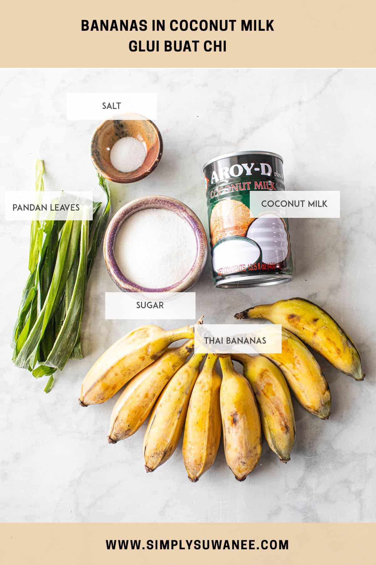 labeled Ingredients for thai bananas in coconut milk on a table. 