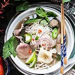 Pho noodle soup in a bowl.