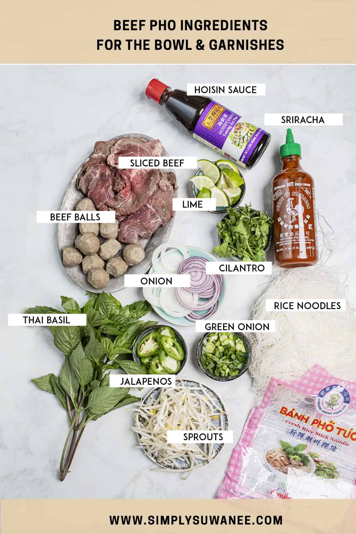 Labeled pho garnishes ingredients on the tables 