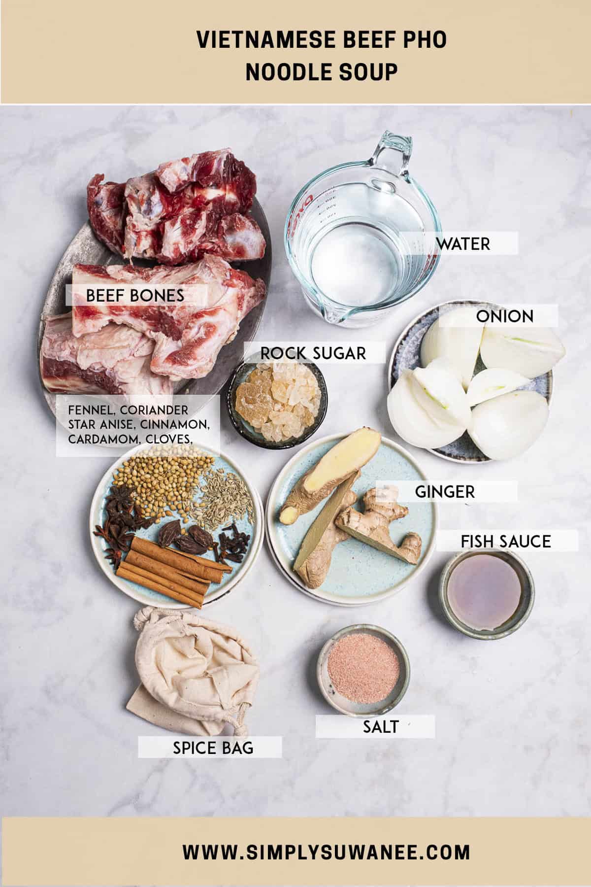Labeled pho broth ingredients on the tables.