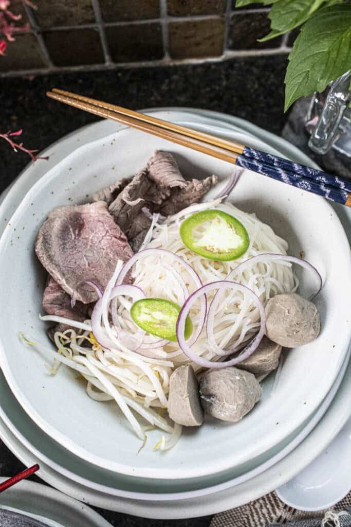 A bowl of pho with no broth.