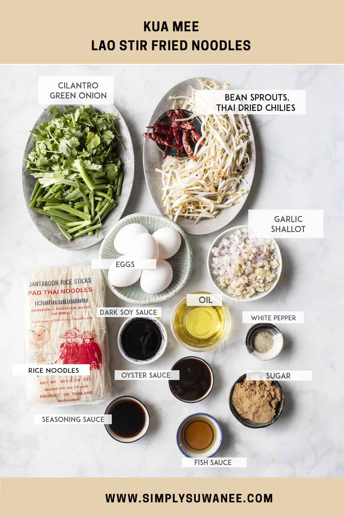 Labeled kua mee ingredients on a table. 
