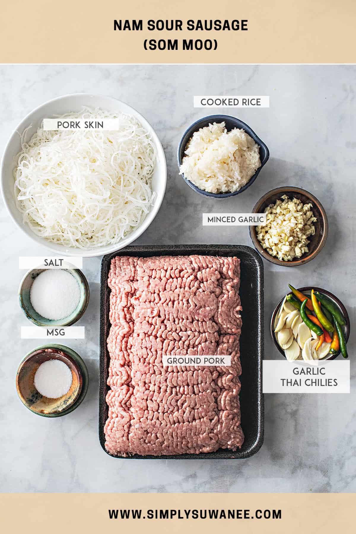 Labeled ingredients for nam sausage. 