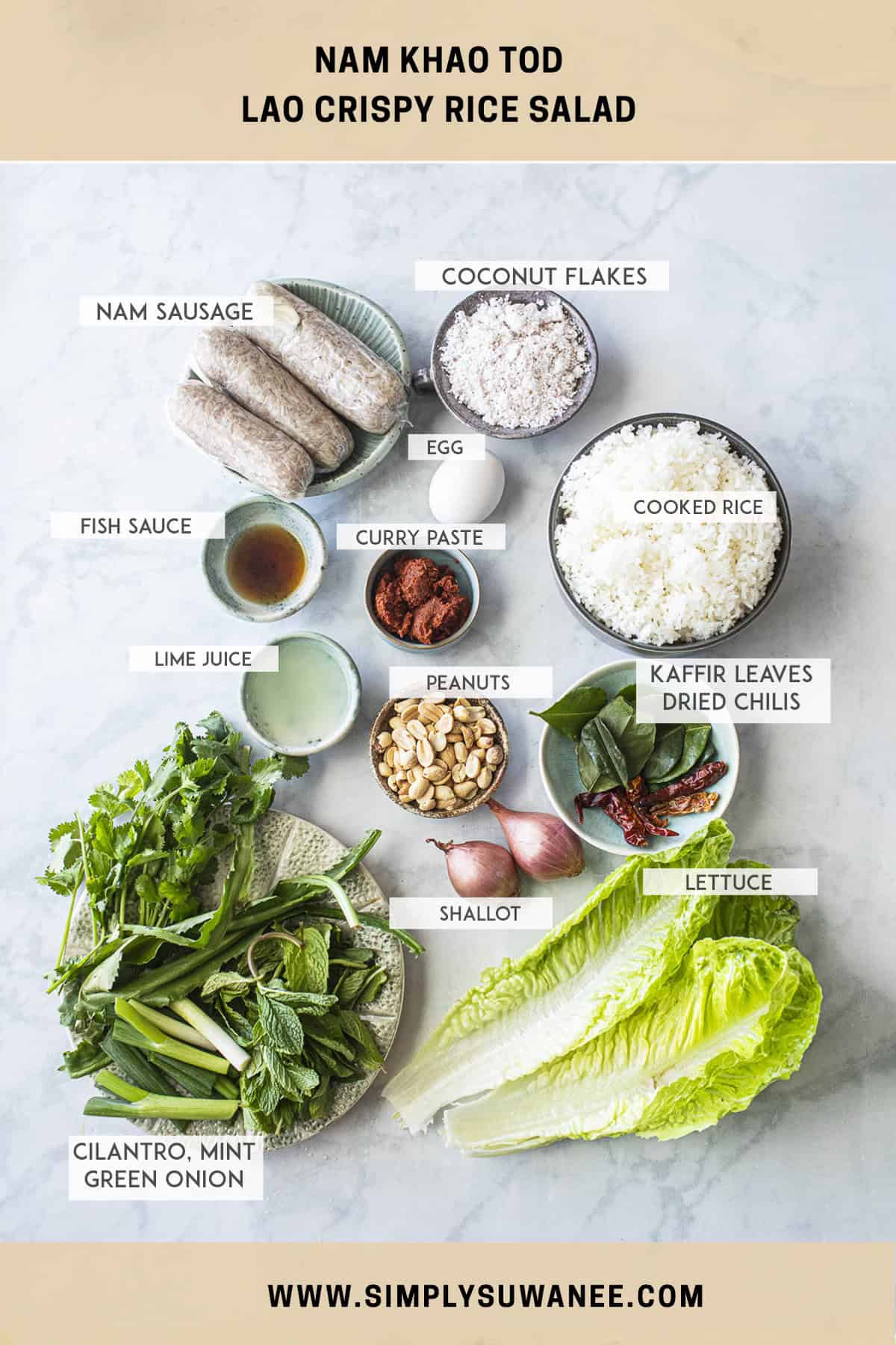 Nam khao tod ingredients on a table. 