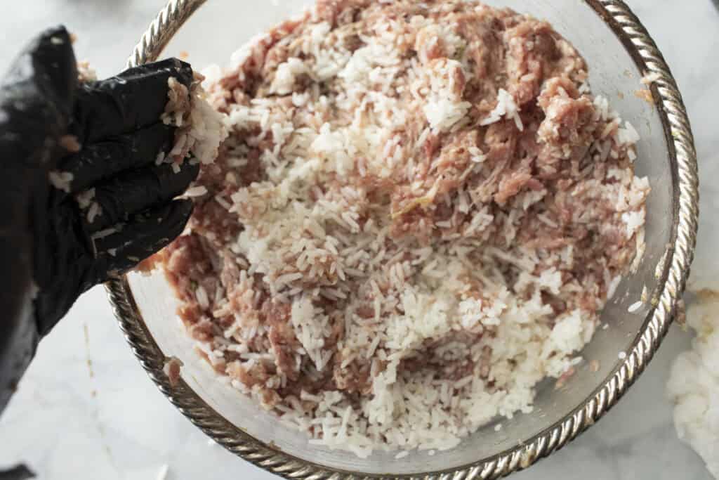 sai krok sausage mixture with rice in a blow. 