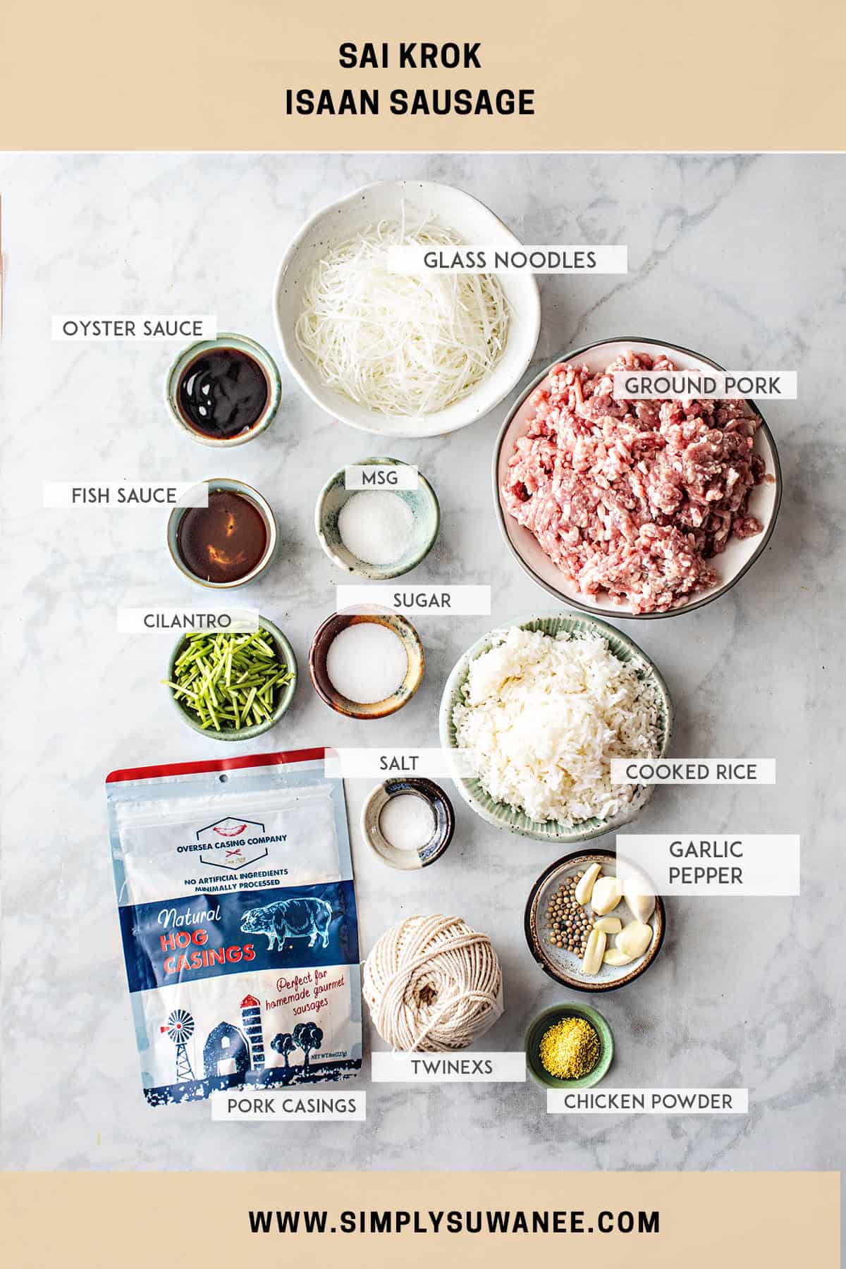 ingredients for thai pork sausage recipe on the table. 
