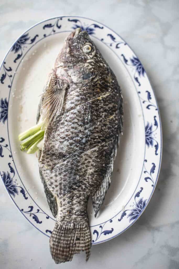 Chinese steamed fish on a platter. 