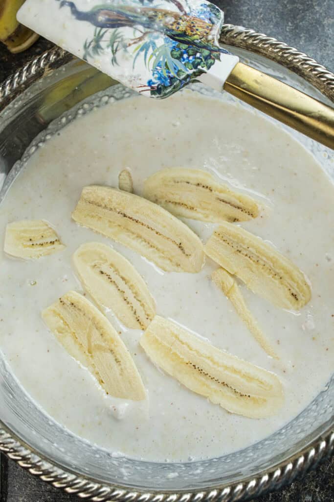 sliced bananas in batter.