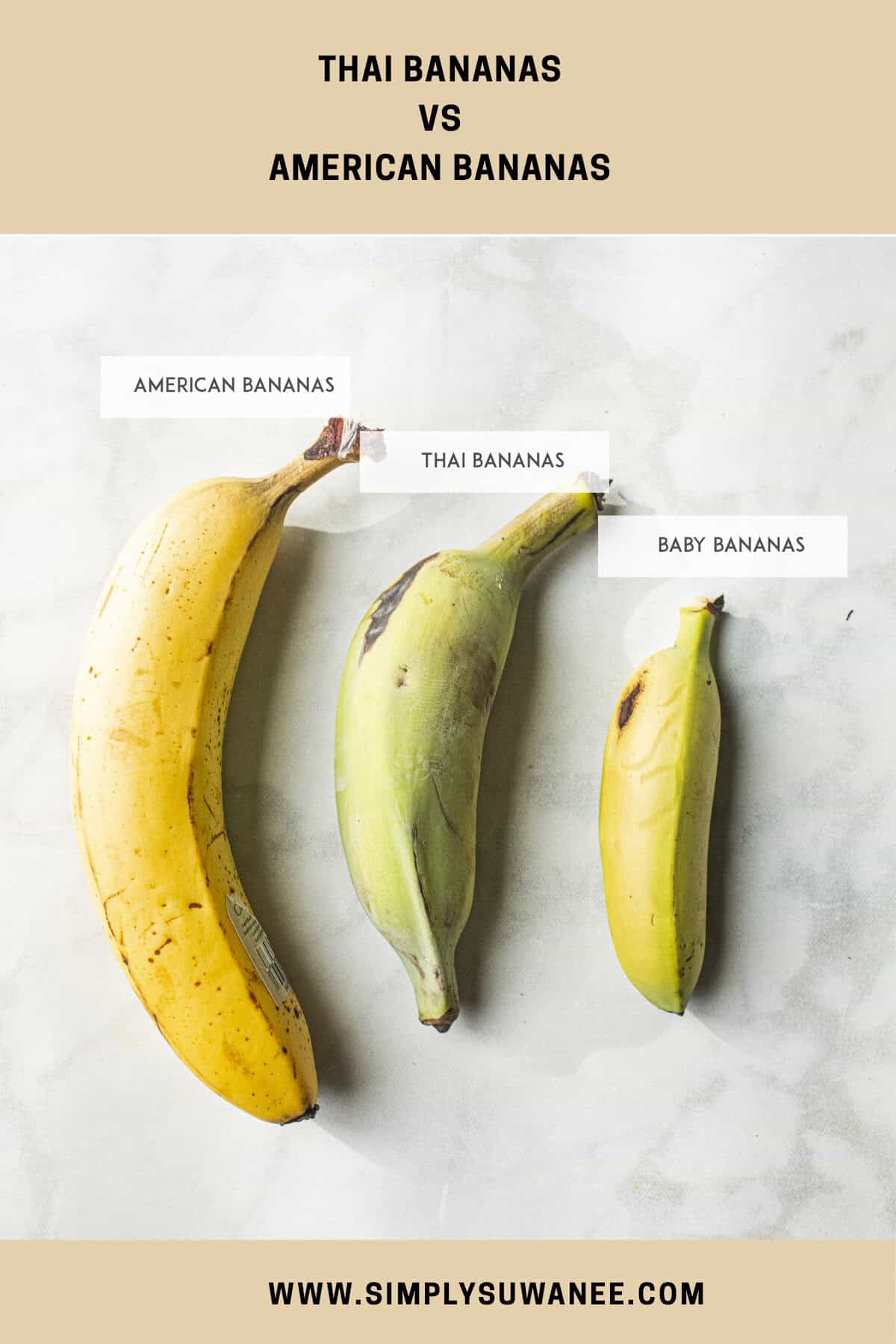 thai banana, american bananas, and baby bananas on a counter.