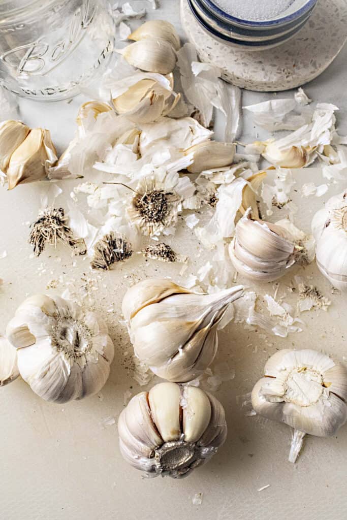 Garlic heads and cloves with peels around. 