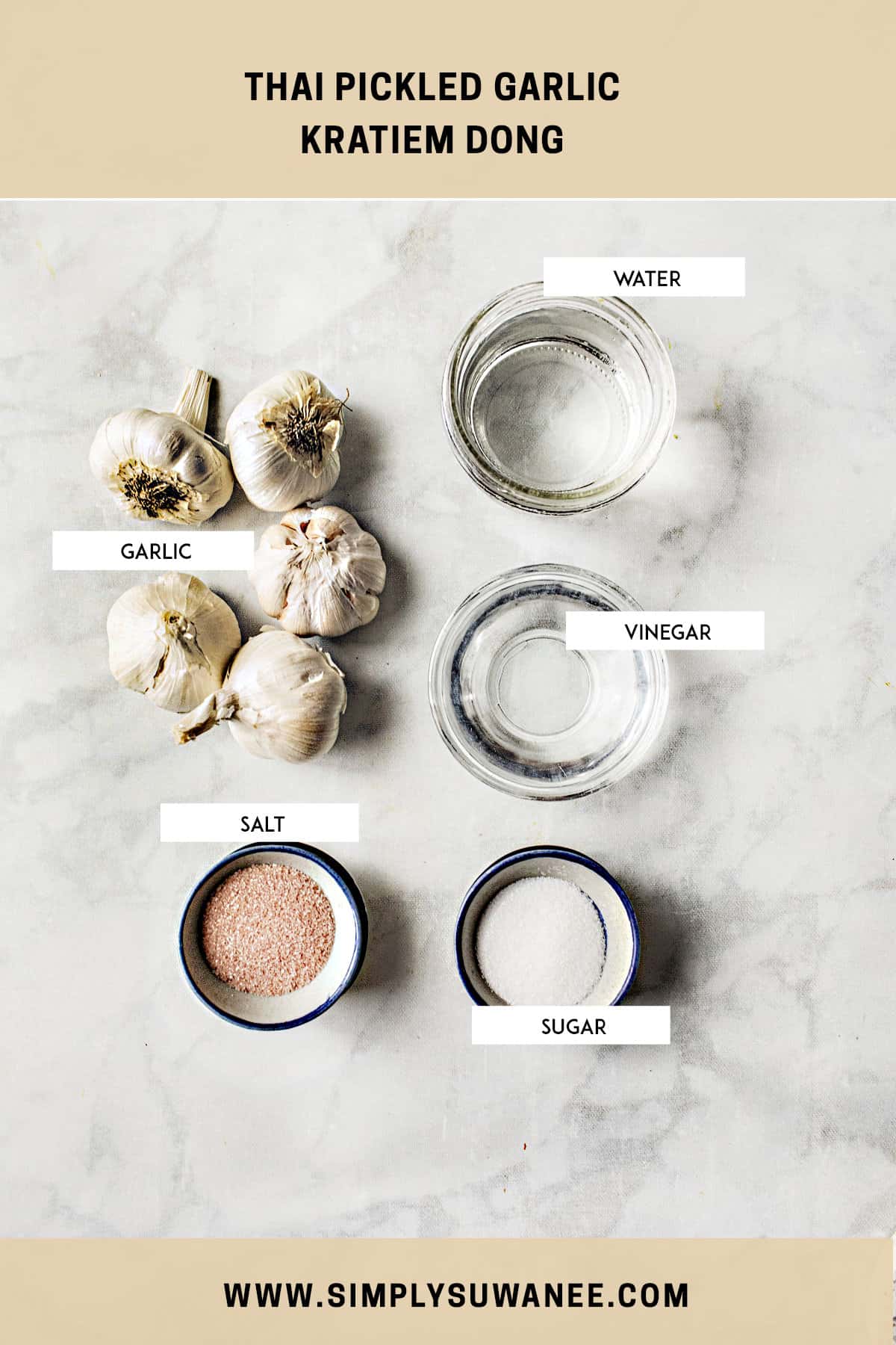 Labeled pickled garlic kratiem dong ingredients on the table. 