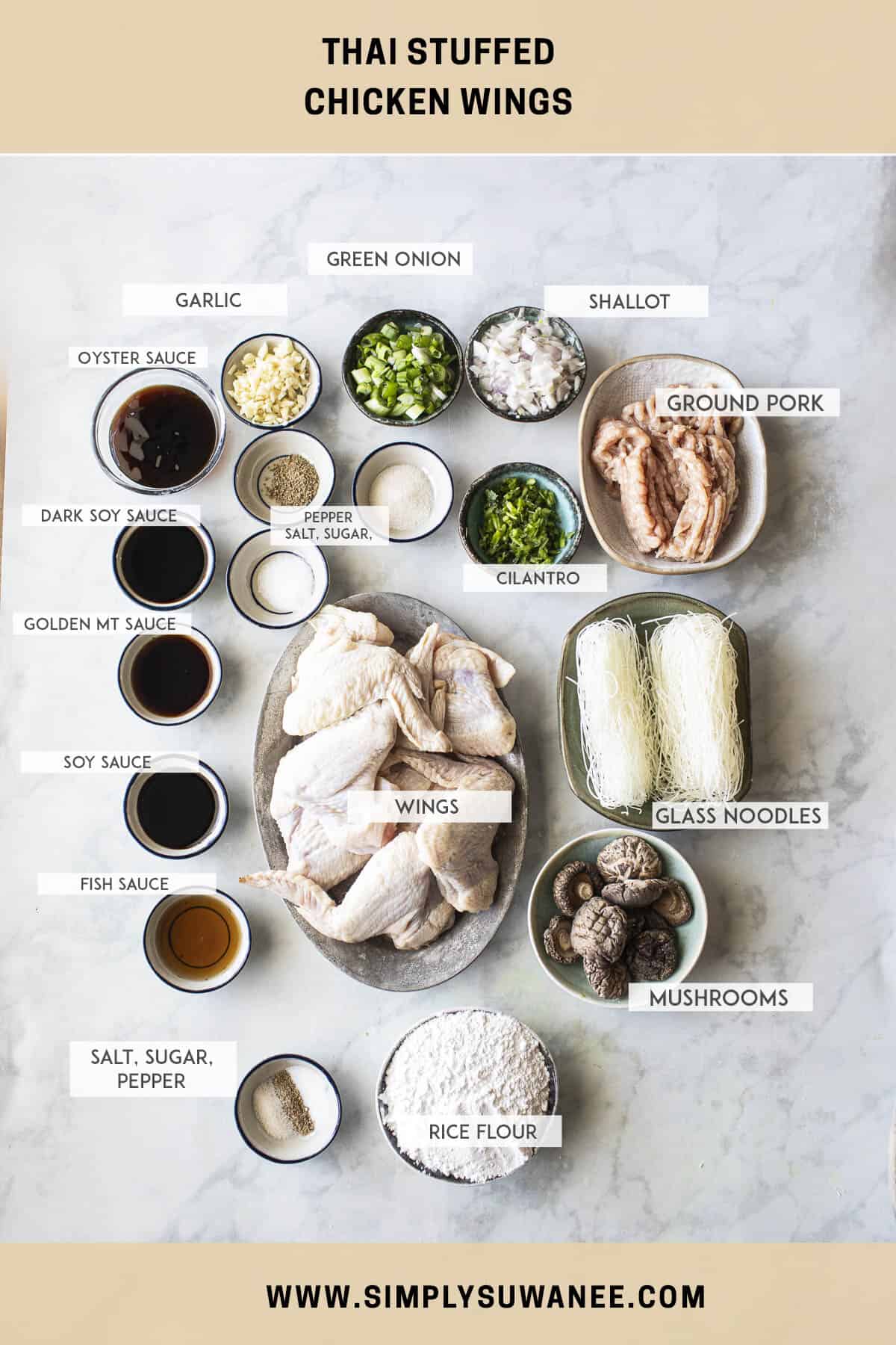 Labeled ingredients for thai stuffed chicken wings on a tray.