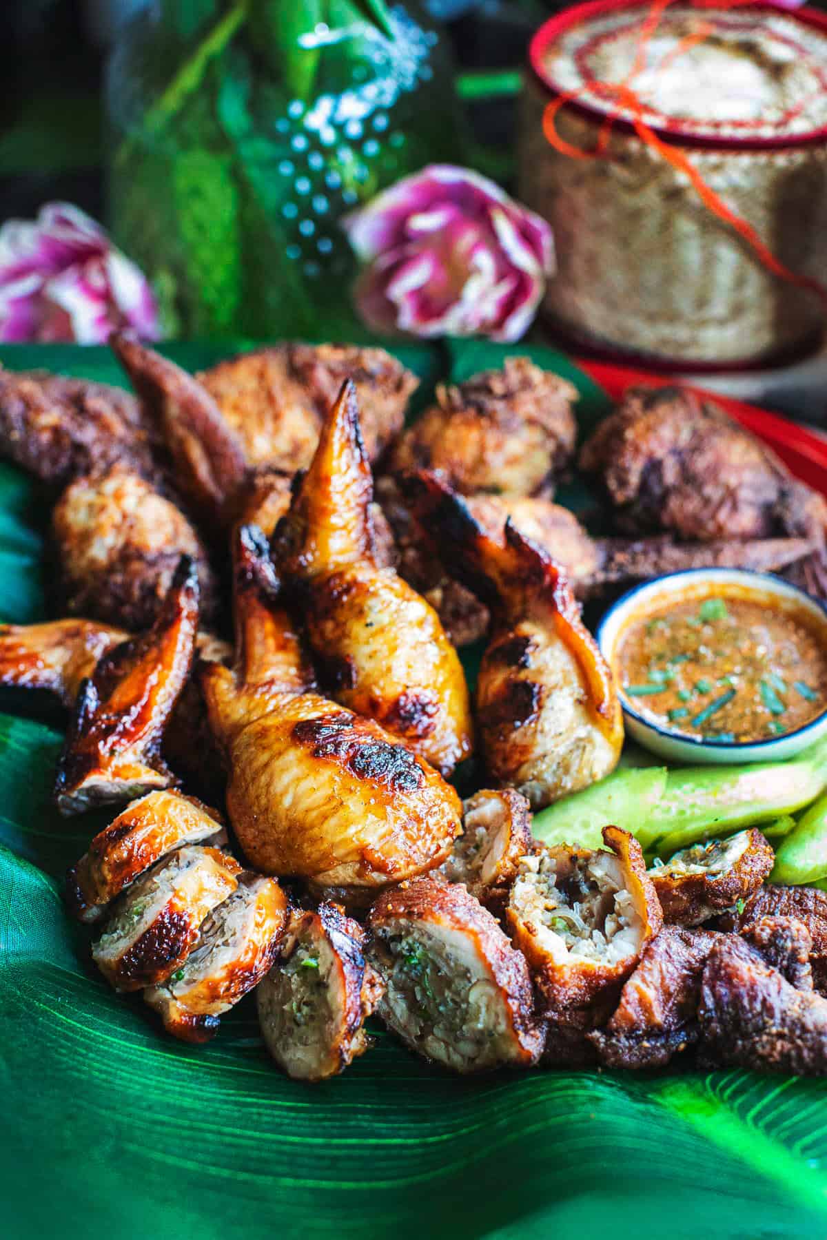 Thai stuffed chicken wings on a tray.