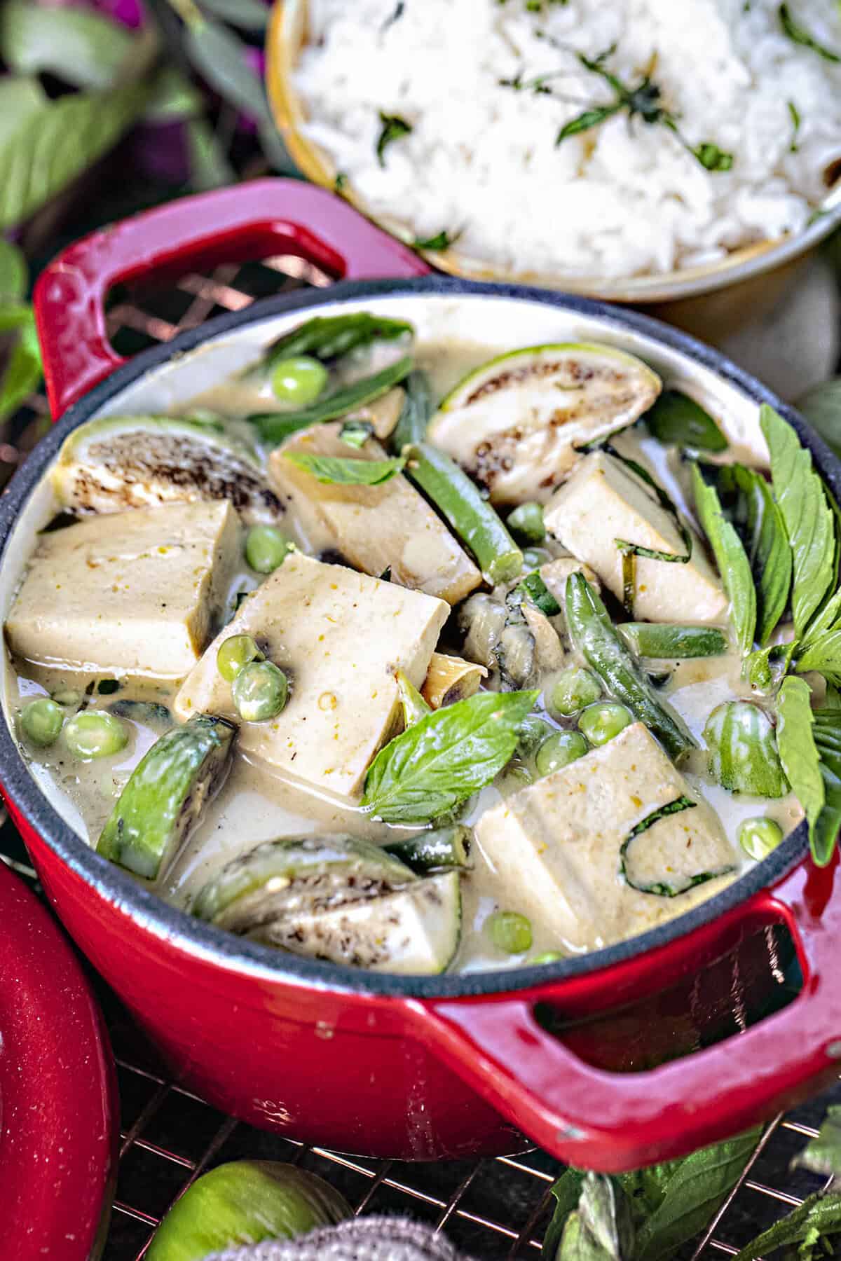 vegetables in Thai green curry in a bowl. 