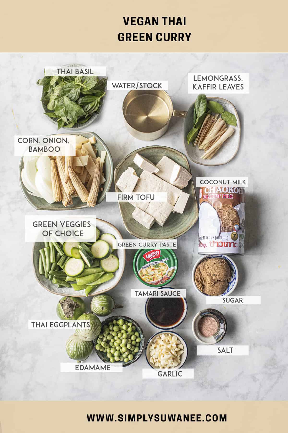 Labeled ingredients for Thai green vegan curry on a table. 