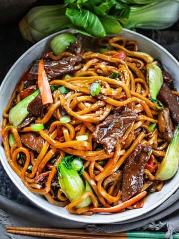 Beef Udon Noodle Stir fry in a bowl.