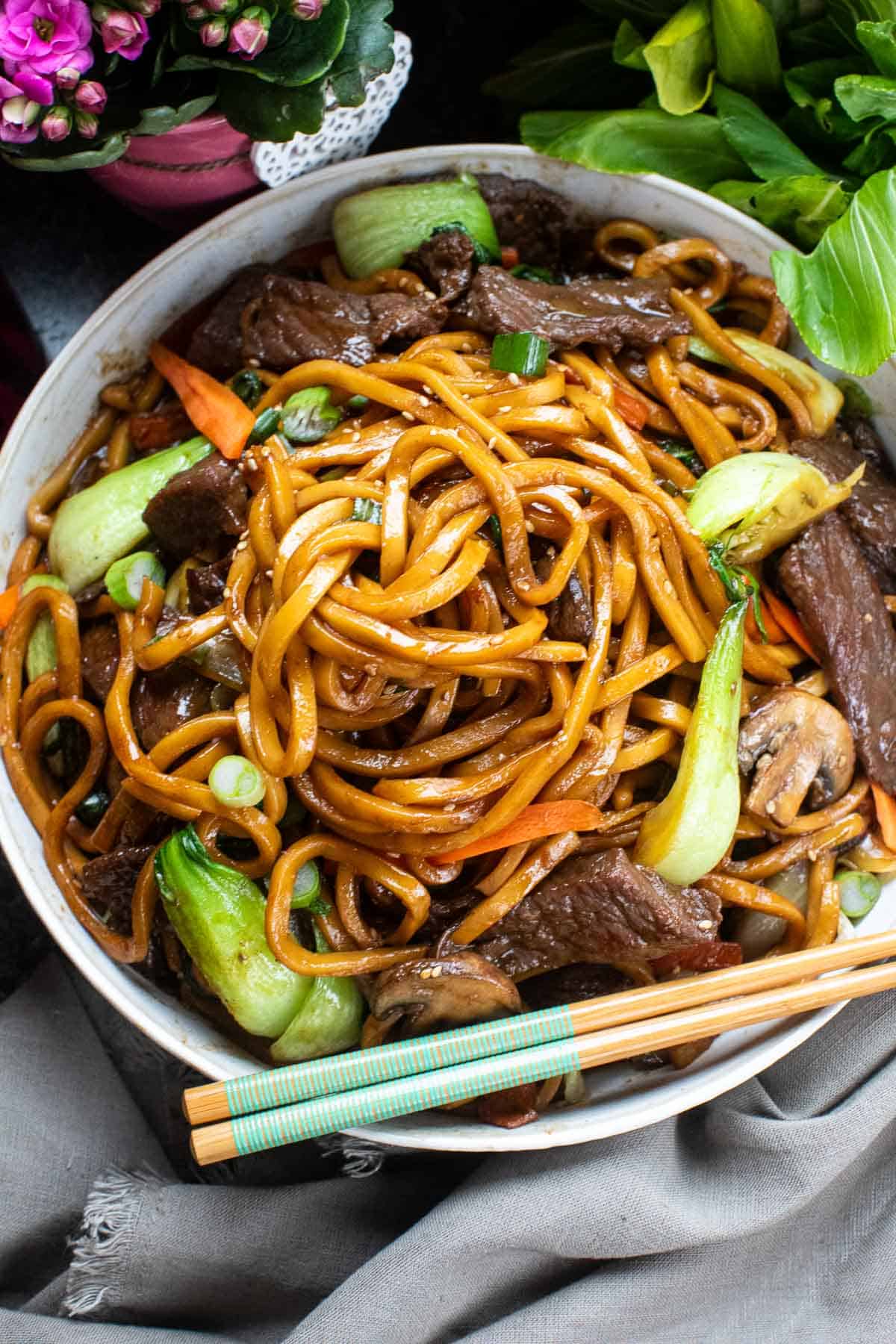 Stir-fried Udon noodles with beef and vegetables on a plate.